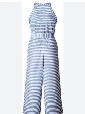 Striped Halter Wide-Leg Jumpsuit in Light Blue & White